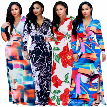 Fashion Summer digital printed floral dress women long sleeve evening dress